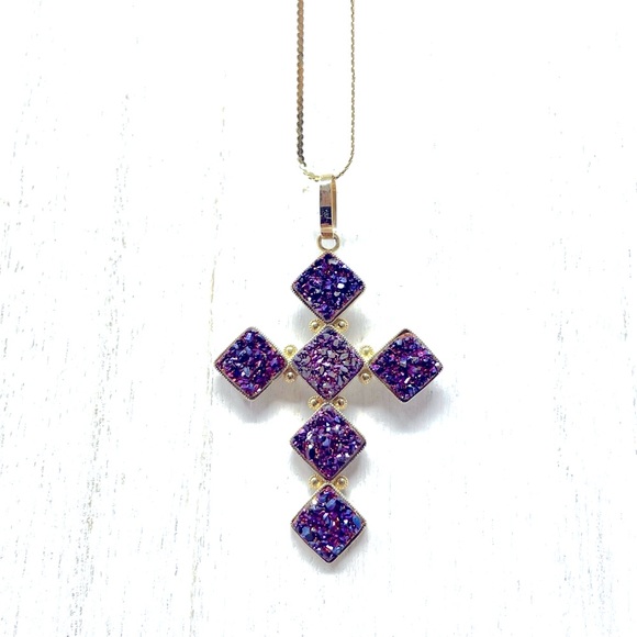 14K solid yellow gold and purple druzy cross pendant, NWOT, 2.3g - Picture 3 of 10